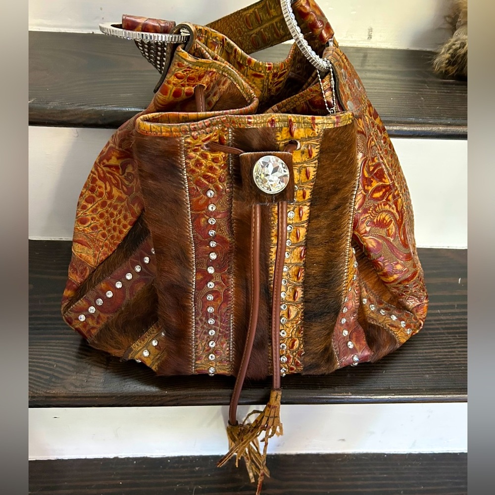 Raviani Y2K Western Swarovski Crystal Fur & Reptile Bucket Bag – Rare